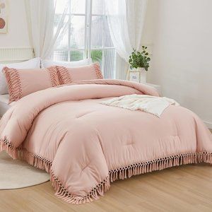 Blush Pink Boho Tassels Queen Size Bed Comforter Shams Bohemian 3pc Bedding Set